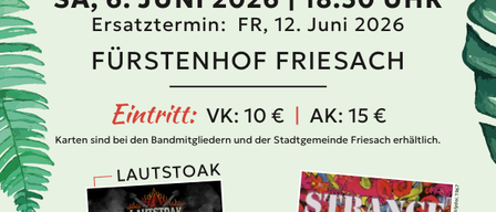 Plakat für Summer Breeze 5.0 im Furstenhof Friesach am 6. Juni 2026. Eintritt 10€, Tickets bei Bandmitgliedern und Gemeinde Frisach erhältlich. Mit Laustoak, Strange Brew und Triops.