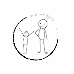 Eine Schwarz-Weiß-Zeichnung zeigt einen Vater und ein Kind, die in einem Kreis stehen. Der Vater hat ein lächelndes Gesicht, und das Kind hat einen fröhlichen Ausdruck. Die Worte 'gross und klein' sind über ihnen geschrieben.