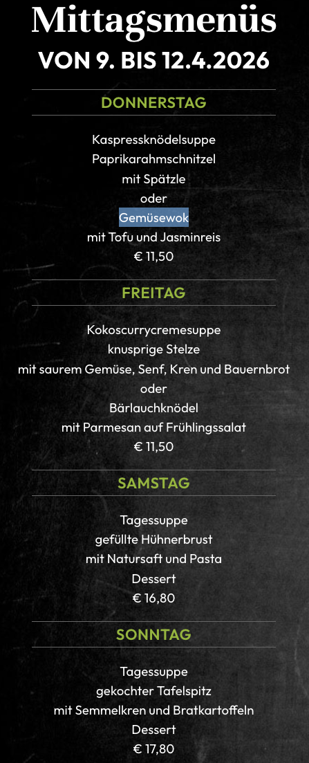 Menu for Friday: Coconut curry cream soup with crispy stalks, sour vegetables, fennel, horseradish, and farmer's bread or wild garlic knot with parmesan on spring salad. Menu for Saturday: Stuffed chicken breast with natural sauce and pasta. Dessert. Menu for Sunday: Soup of the day.