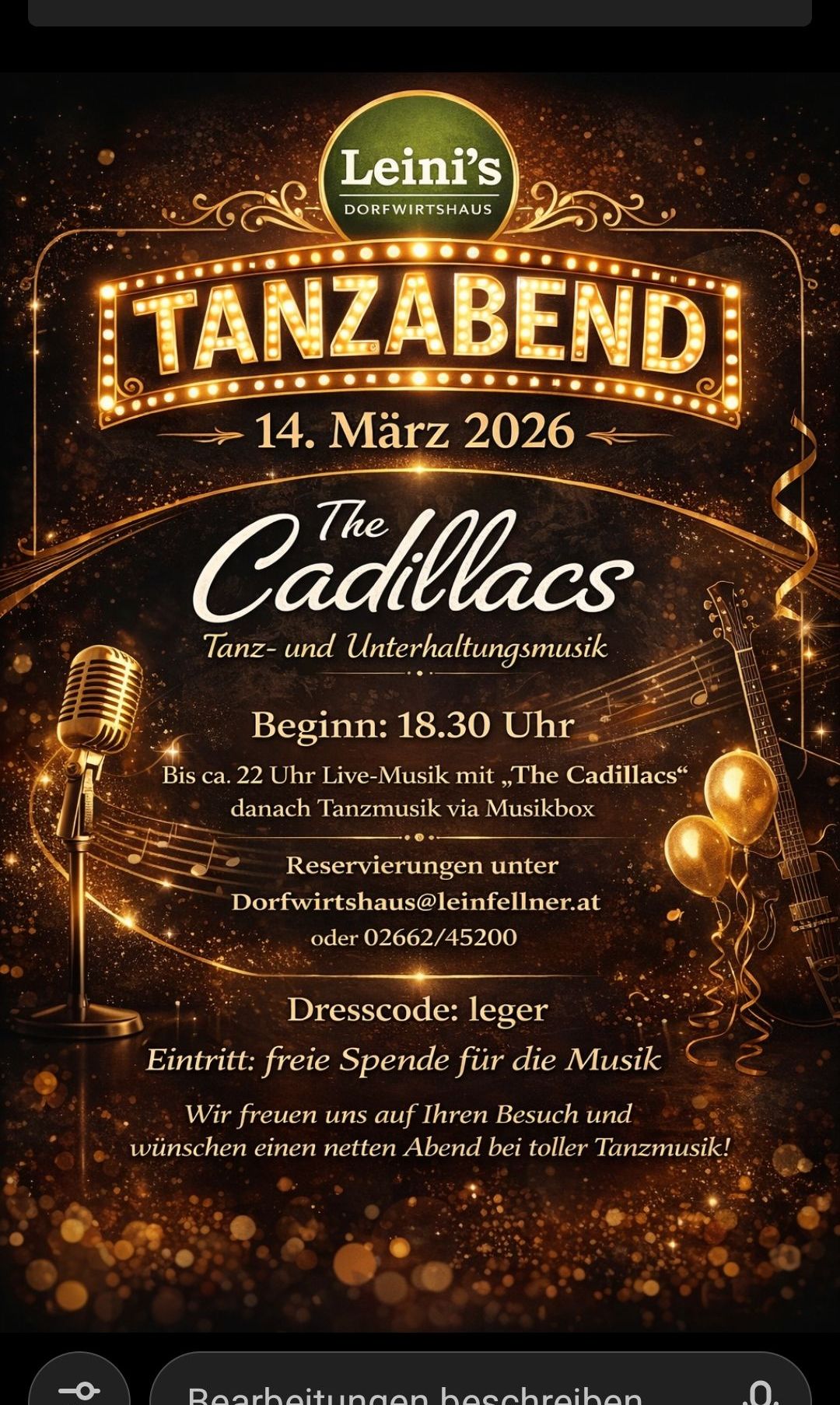 Poster for Tanzabend event on March 14, 2026, featuring The Cadillacs. Live music starts at 18:30, followed by dancing music from a music box. Reservations available. Dress code: casual. Free admission.