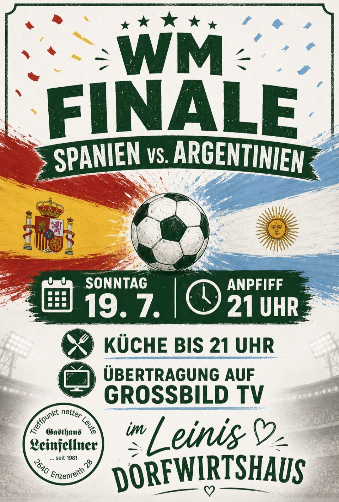 Poster for the soccer final match between Spain and Argentina, scheduled for Sunday, July 19th, starting at 9 PM. The poster features flags of both countries, a soccer ball, and a sun symbol.