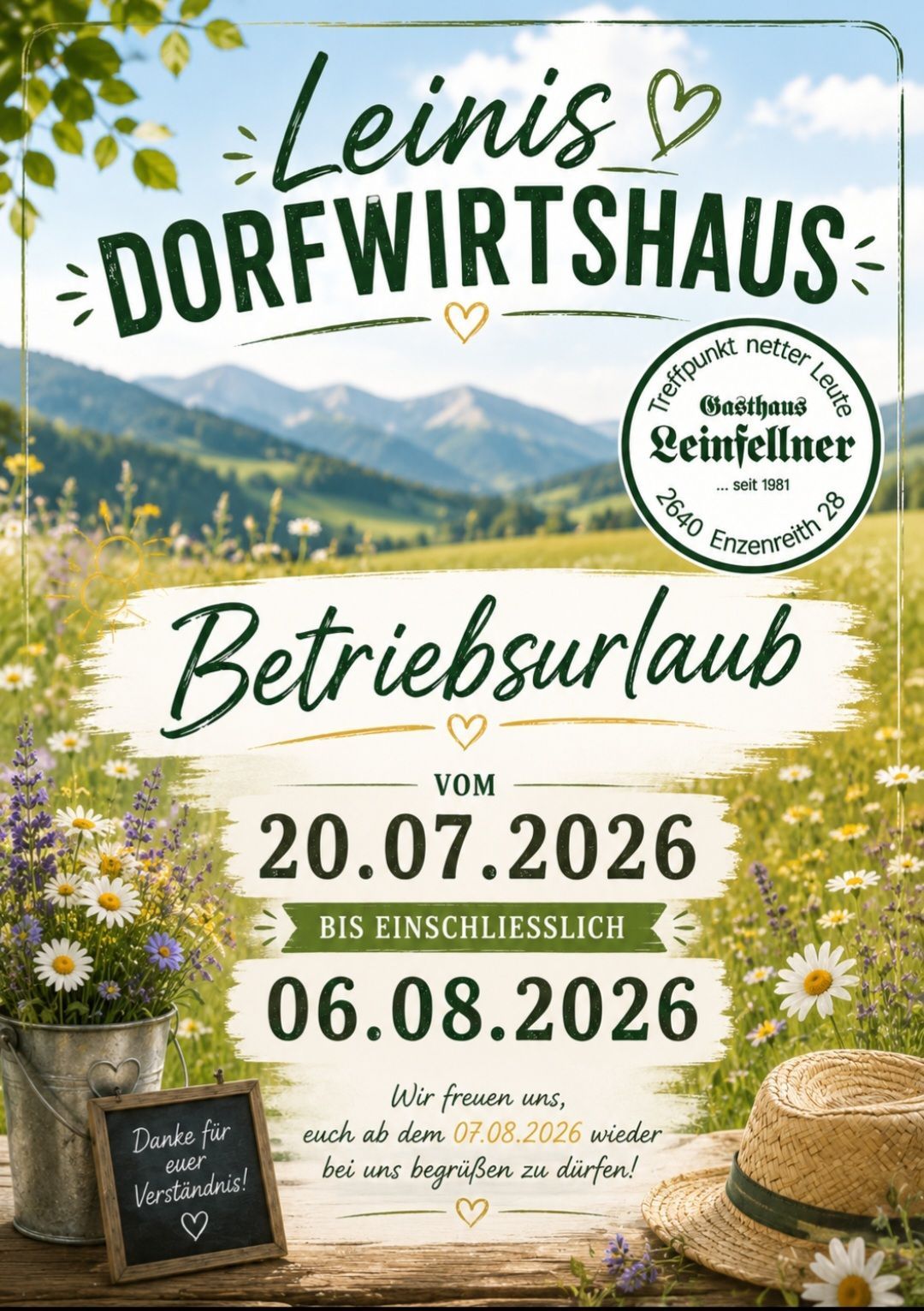 Poster for Dorfwirtshaus Betriebsurlaub from July 20, 2026 to August 6, 2026. Features a picturesque countryside with flowers and mountains in the background.