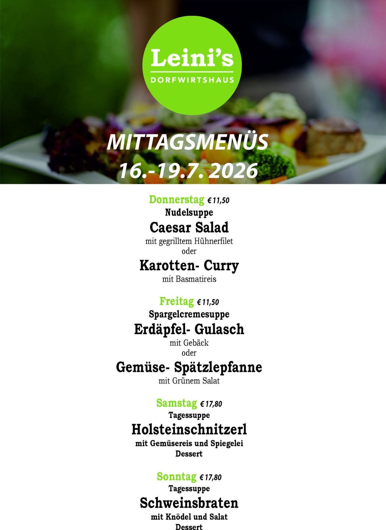 Menu for Dorfwirtshaus from July 16-19, 2026. Includes dishes like Caesar salad, Karotten-Curry, and Holsteinschnitzerl. Prices range from €11.50 to €17.80.