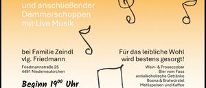 Plakat für ein Sommerkonzert mit Live-Musik, bei einem familienfreundlichen Event bei Familie Zeindl, einschließlich Wein, Prosecco, Bier, alkoholfreie Getränke, Essen und Kaffee. Beginn um 19 Uhr.