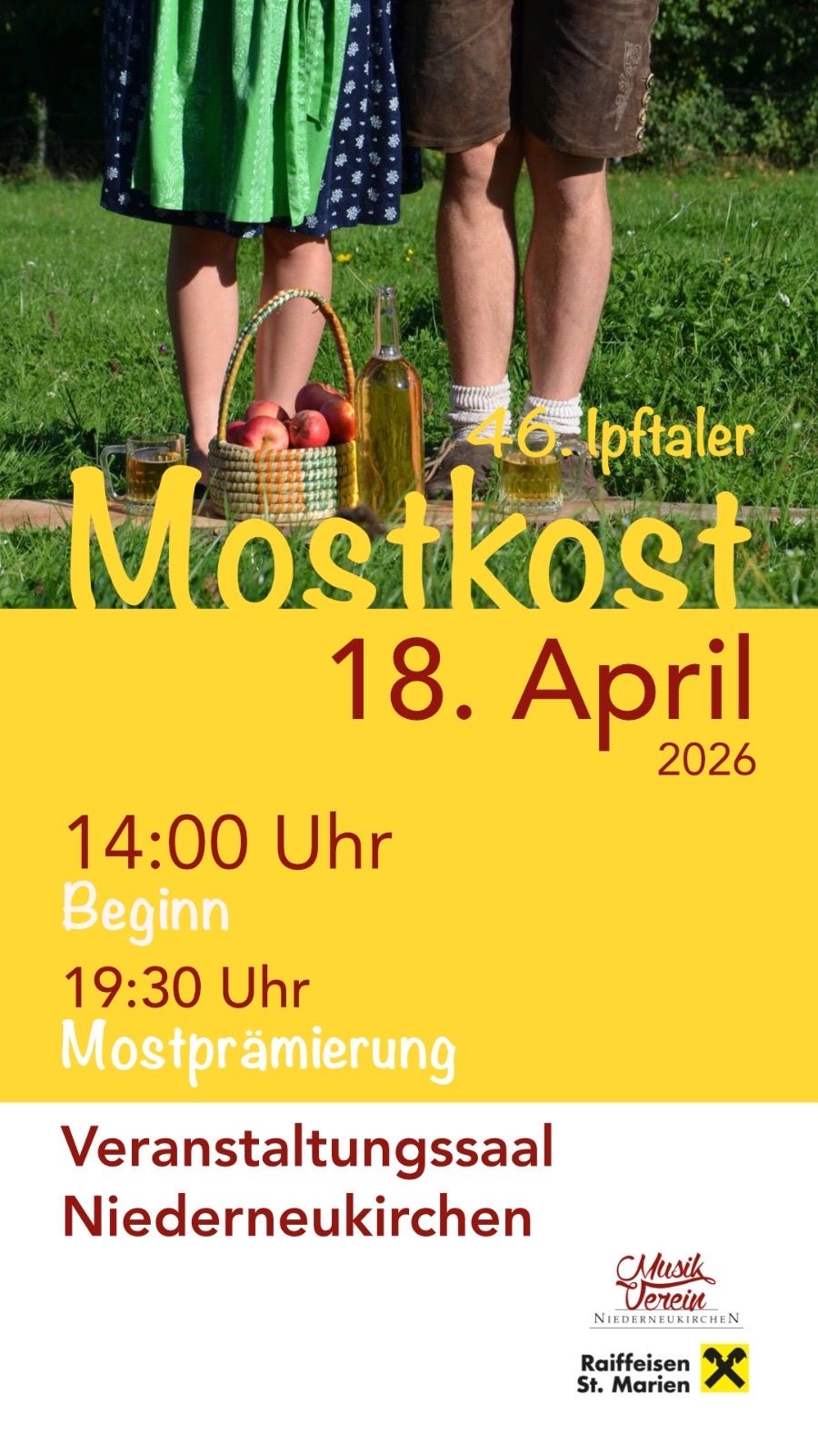 Poster advertising the 46th Apfeltaler Mostkost on April 18, 2026. The event starts at 2 PM and ends at 7:30 PM. It features a basket of apples and a bottle of cider.