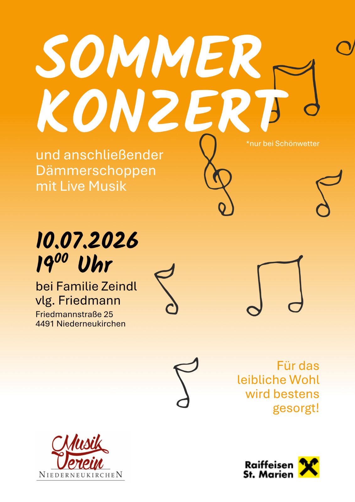 Konzert und anschließender Dämmerschoppen mit Live-Musik. 10.07.2026 um 19 Uhr bei Familie Zeindl vlg. Friedmann, Friedmannstraße 25, 4491 Niederneukirchen.