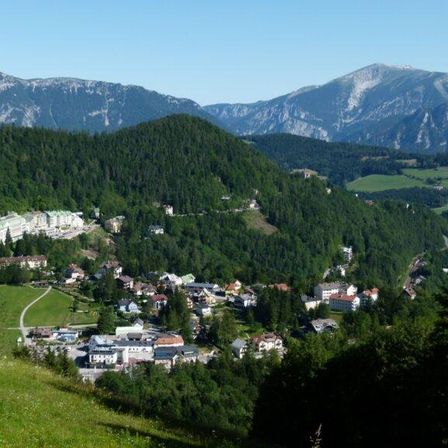 Ein Bergdorf umgeben von üppigem Grün und majestätischen Bergen. Gebäude liegen im Tal und ein gewundener Pfad führt durch die Stadt.