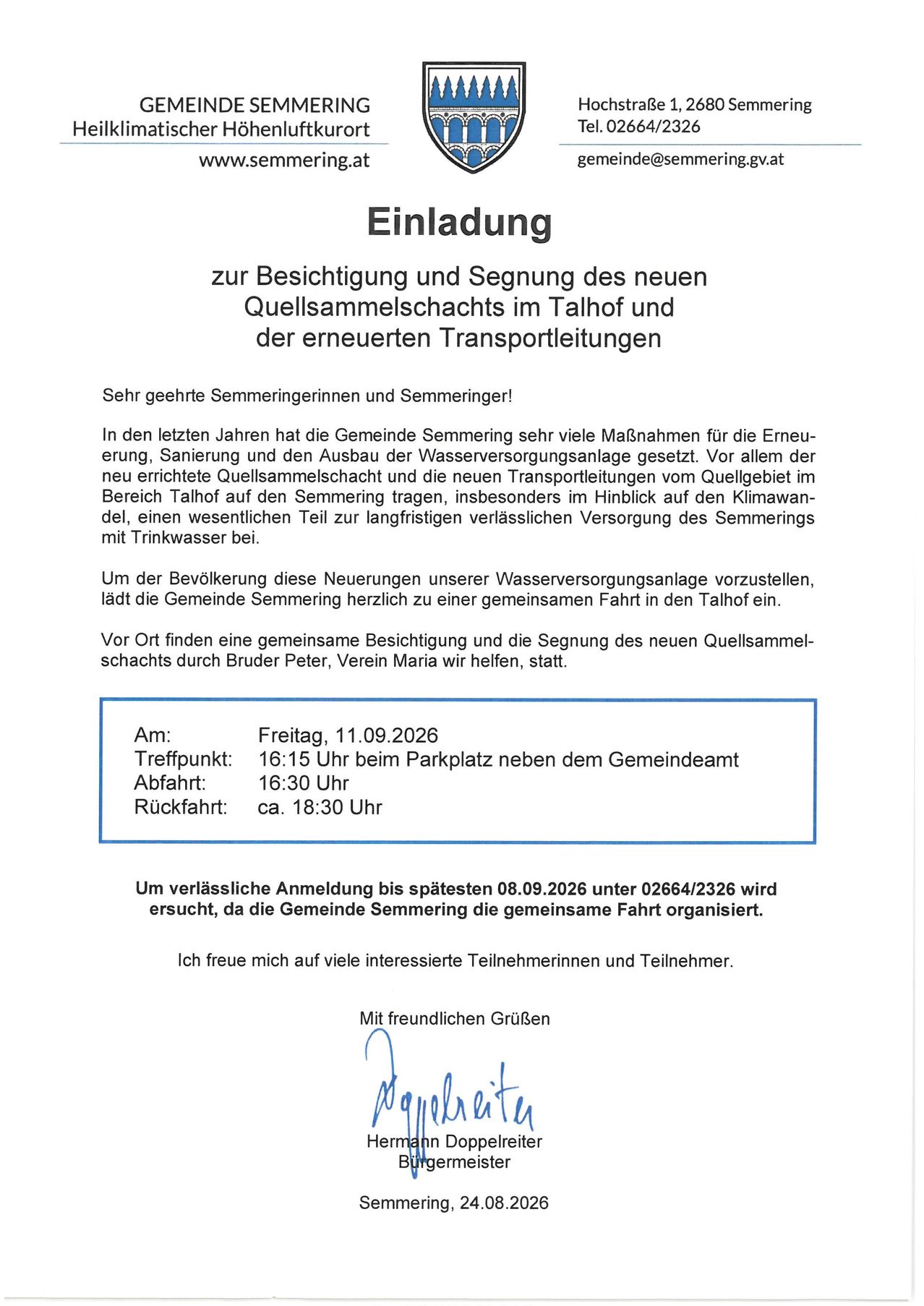 Invitation to the inspection and blessing of the new well collection point in Talhof and the renovated transport routes. The community of Semmring has taken many measures for the renewal, sanitation, and expansion of the water supply system. The new well collection point and the new transport routes from the well area in the Talhof area contribute significantly to the long-term reliable supply of drinking water to Semmring.