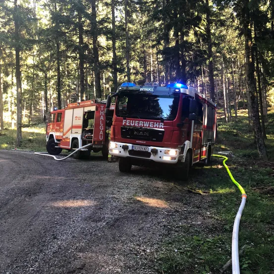 Zwei Feuerwehrfahrzeuge sind auf einem Schotterweg im Wald geparkt. Die Fahrzeuge haben ihre Lichter eingeschaltet und Schläuche angeschlossen.