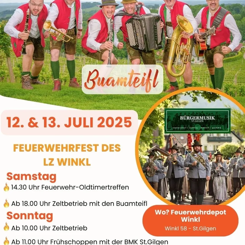Plakat für das Feuerwehrfest in Winkle am 12. und 13. Juli 2025. Zeigt Musiker in traditioneller Kleidung mit Instrumenten. Veranstaltungen beinhalten ein Treffen um 14:30 und eine Parade um 18:00 am Samstag.