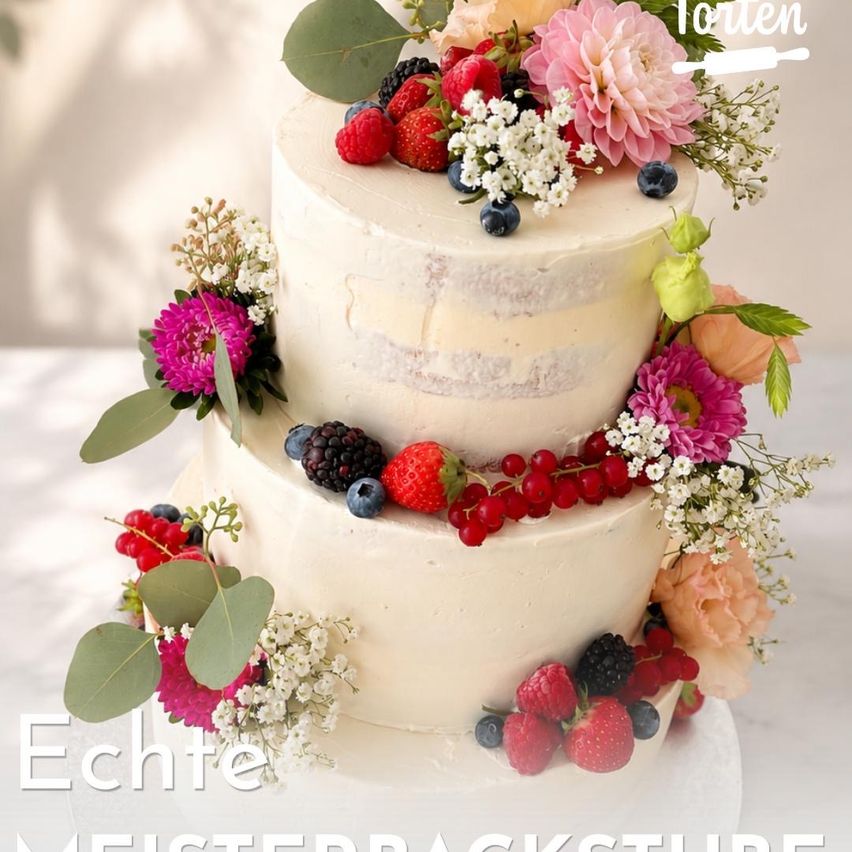 A three-tiered cake adorned with white frosting, fresh berries, and colorful flowers. The cake is decorated with a variety of flowers and leaves.