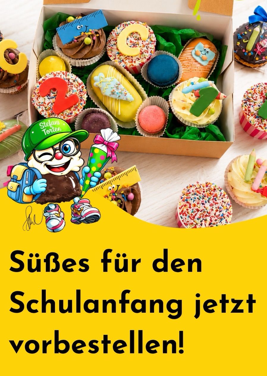 Eine Schachtel bunter Cupcakes mit Zahlen und Dekorationen, ein Cartoon-Charakter, der einen Cupcake und einen Lineal hält, und Text auf Deutsch, der 'Süßes für den Schulanfang jetzt' bedeutet.
