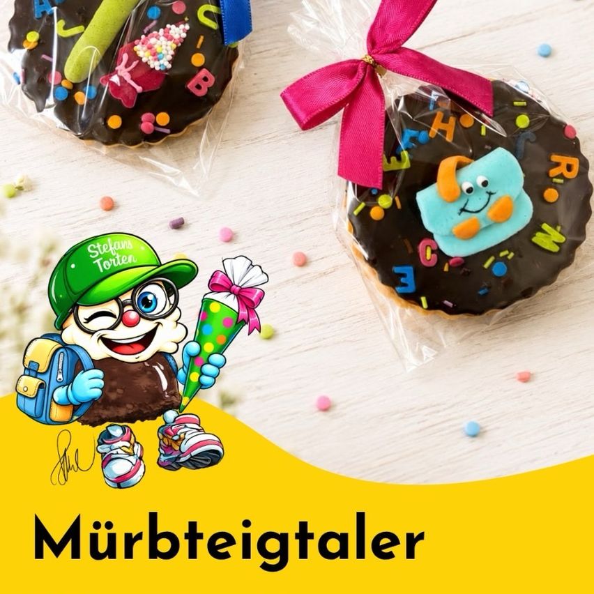 Zwei Schokoladendonuts mit bunten Dekorationen und einer Comicfigur, die ein Partyhorn hält. Die Donuts sind in Plastik mit Schleifen verpackt. Das Bild zeigt auch den Text 'Mürbteiler'.