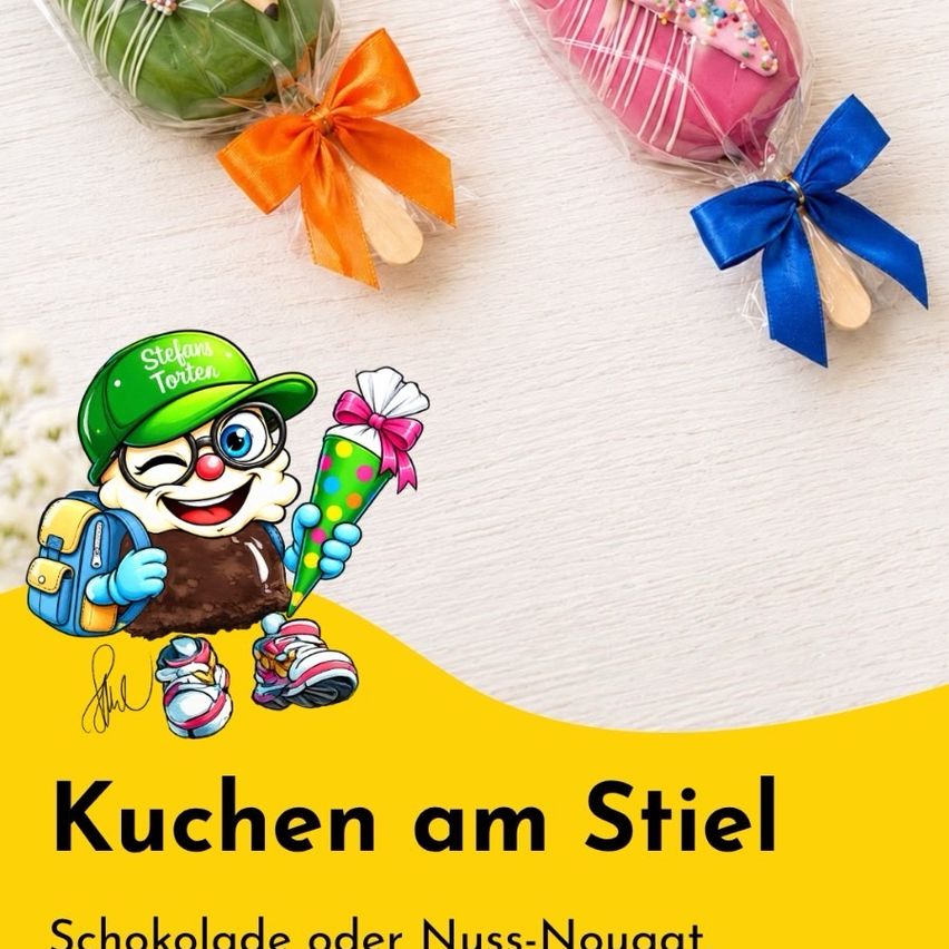 Drei verpackte Eis am Stiel auf weißem Hintergrund mit einer Cartoon-Figur, die ein verpacktes Eis am Stiel hält. Der Text lautet 'Kuchen am Stiel Schokolade oder Nuss-Nougat'.