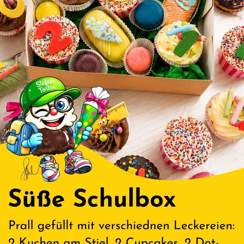 Eine Schachtel mit verschiedenen Cupcakes und Leckereien, einschließlich Schokolade, Vanille und bunter Glasur, mit einem Cartoon-Charakter, der eine Tüte Süßigkeiten hält. Die Schachtel ist mit 'Süße Schulbox' beschriftet und verspricht eine Vielfalt an Süßigkeiten.