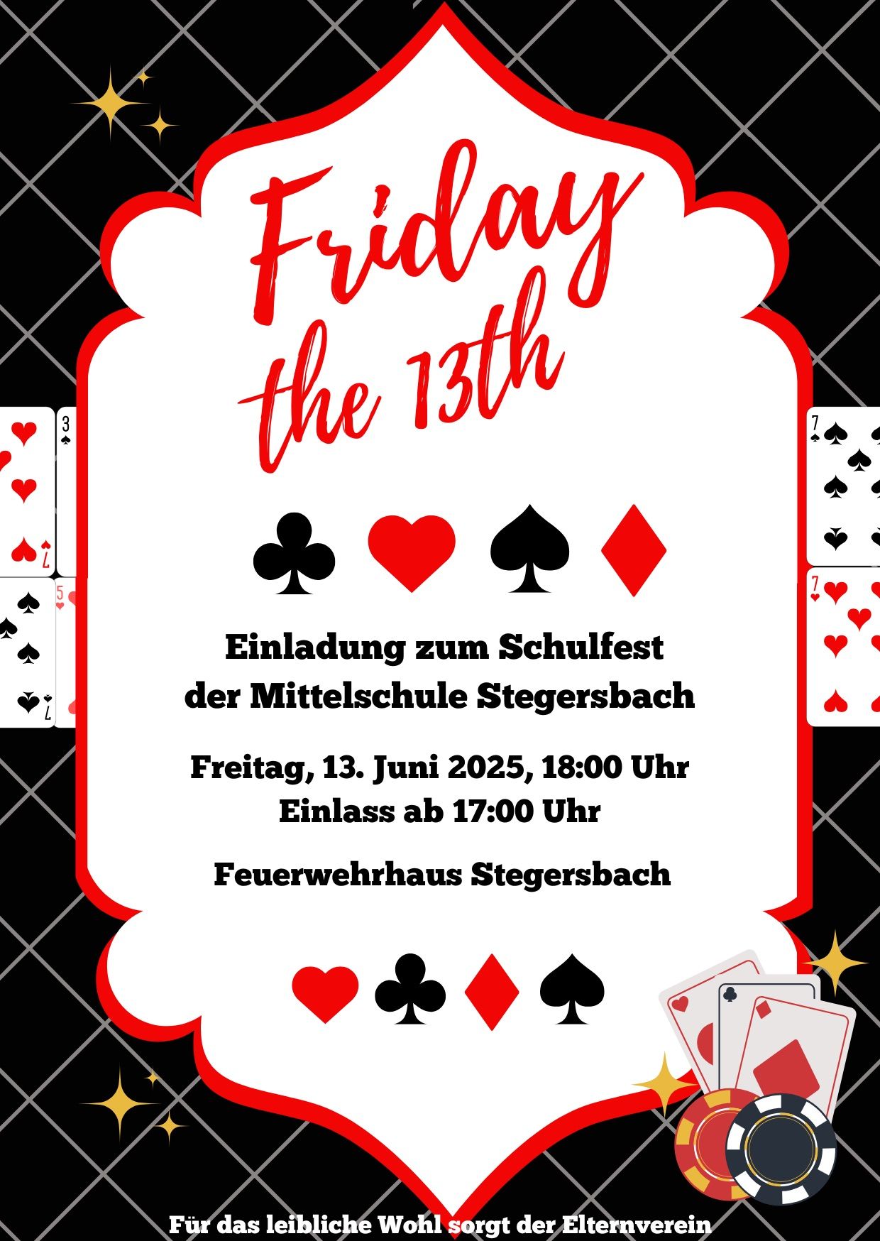 Einladungsposter zur Schulfeier, mit Kartenmotiv, Datum Freitag, 13. Juni 2025, 18:00 Uhr, Einlass ab 17:00 Uhr im Feuerwehrhaus Stegersbach.