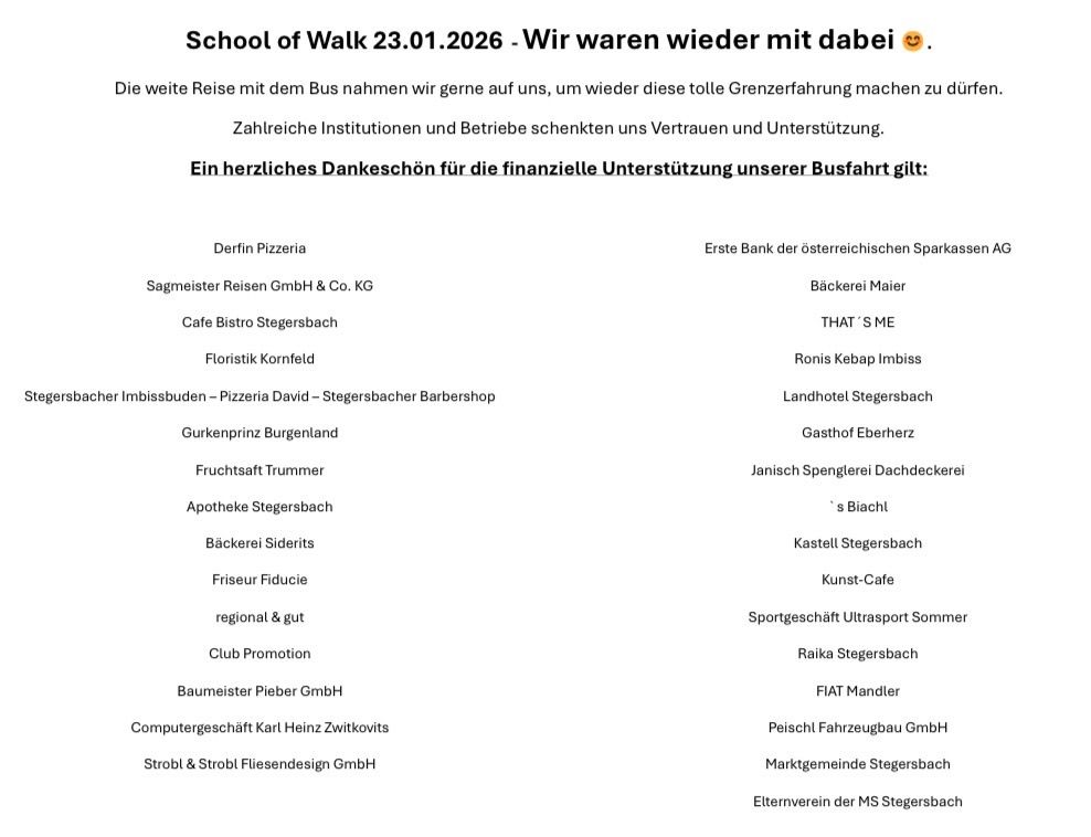 Die School of Walk am 23.01.2026 - Wir waren wieder dabei. Die lange Busfahrt ermöglichte uns, wieder eine tolle Grenzüberquerung zu machen. Zahlreiche Institutionen und Unternehmen haben uns Vertrauen und Unterstützung gezeigt. Ein herzliches Dankeschön für die finanzielle Unterstützung unserer Busfahrt.