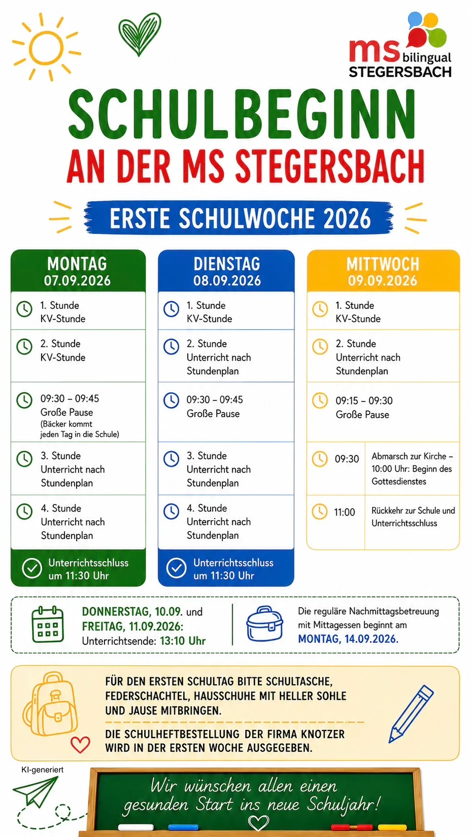 Ein Zeitplan für die erste Schulwoche im Jahr 2026, der Unterrichtszeiten, Pausen und Aktivitäten für Montag, Dienstag und Mittwoch zeigt. Der Zeitplan enthält die Start- und Endzeiten für jeden Unterricht, Pausen und einen Gottesdienst am Mittwoch.
