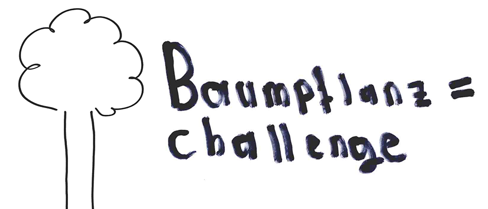 Eine handgezeichnete Baumsilhouette mit der Aufschrift 'Baumpflanz challenge' daneben. Der Baum hat eine einfache Struktur mit Stamm und Blättern.