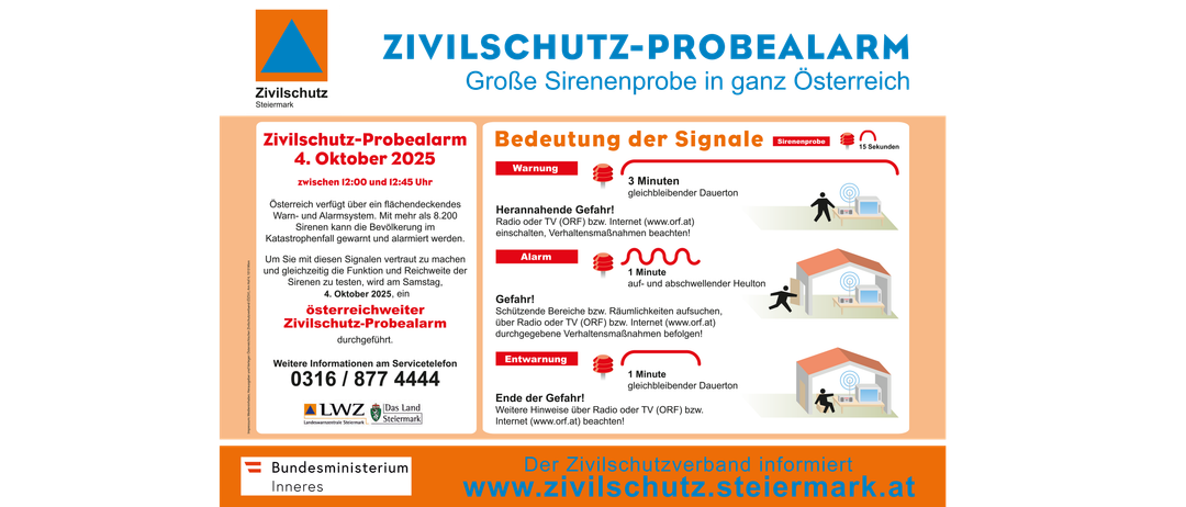 Zivilschutz-Probealarm am 25. Oktober 2025, 12:00 und 12:45 Uhr. Schutz suchen und Anweisungen befolgen. Nähere Informationen unter 1877 4444.