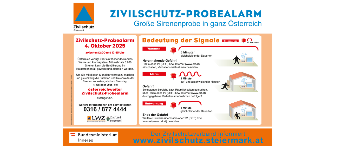 Zivilschutz-Probealarm am 25. Oktober 2025, 12:00 und 12:45 Uhr. Schutz suchen und Anweisungen befolgen. Nähere Informationen unter 1877 4444.