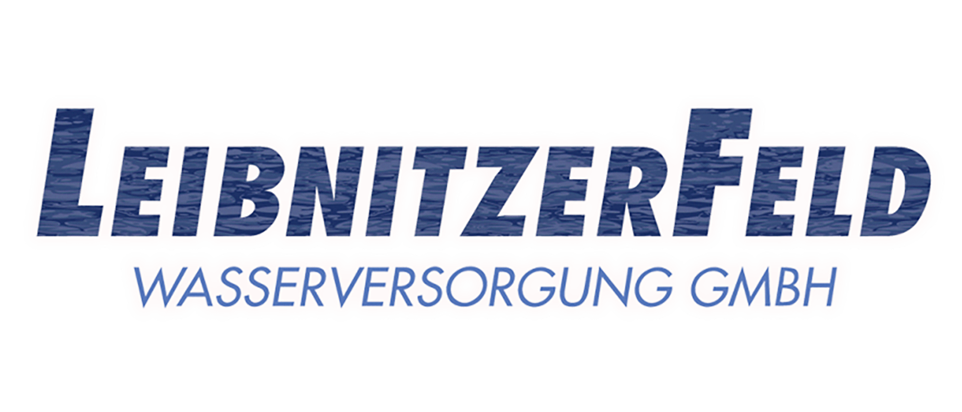 Leibniz Feld Wasserversorgung GmbH Logo auf weißem Hintergrund. Der Text ist blau.