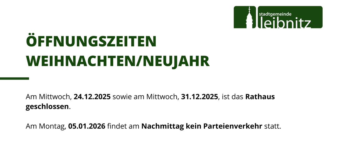 Ankündigung: Am Mittwoch, 24.12.2025 und Mittwoch, 31.12.2025, ist das Rathaus geschlossen. Am Nachmittag des 05.01.2026 findet kein Partyverkehr statt. Diese Partyverkehrszeiten gelten auch für die Baurechtsabstellung, das Umweltreferat und das Standesamt.