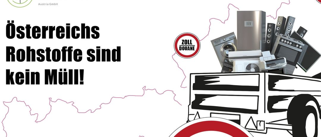 Eine Werbung zeigt einen mit Elektronik beladenen Lastwagen und betont den Kampf gegen illegalen Abfallhandel. Sie unterstreicht die Bedeutung der Beendigung des illegalen Abfallhandels.