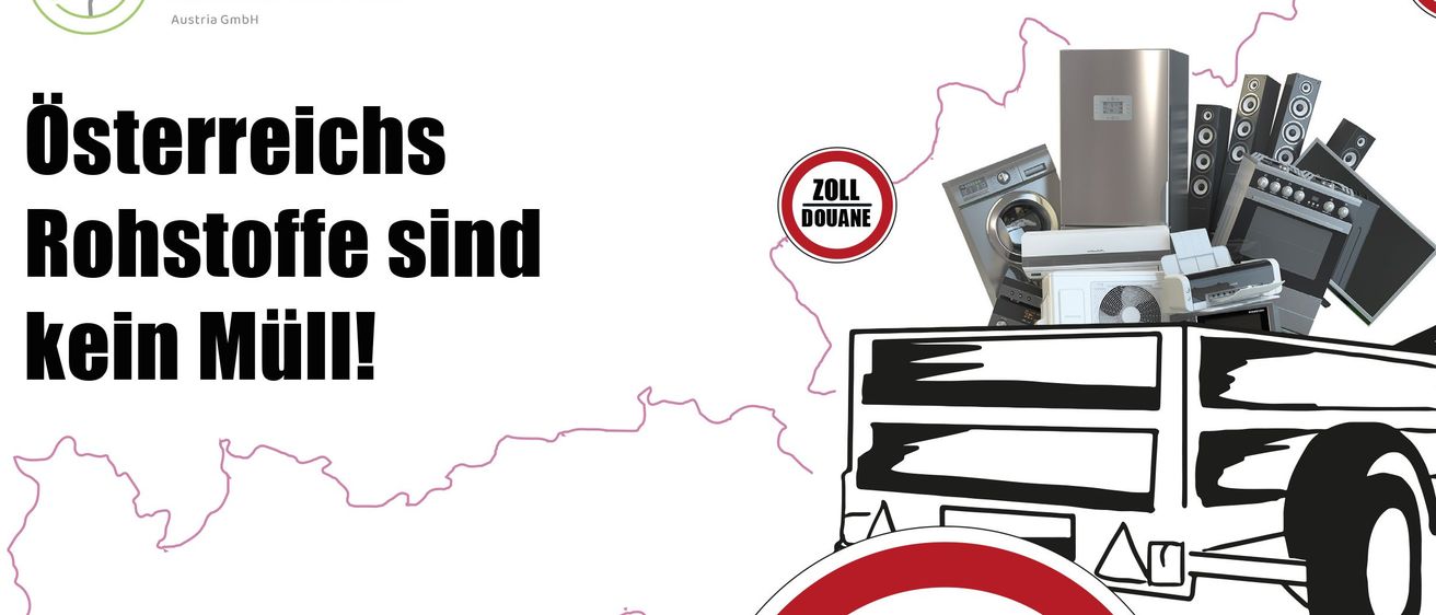 Eine Werbung zeigt einen mit Elektronik beladenen Lastwagen und betont den Kampf gegen illegalen Abfallhandel. Sie unterstreicht die Bedeutung der Beendigung des illegalen Abfallhandels.