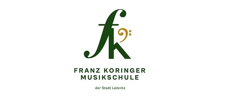 Das Logo der Franz Koringer Musikschule, mit einem stilisierten Musiknotensymbol und den Buchstaben FK in der Mitte, auf weißem Hintergrund.