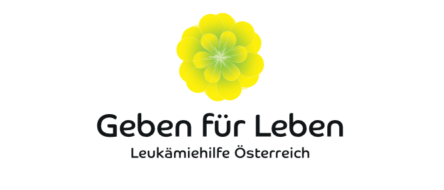 Das Logo der Organisation 'Geben für Leben', einer leukämiehilfe Österreichs. In der Mitte des Logos ist eine gelbe Blume abgebildet.