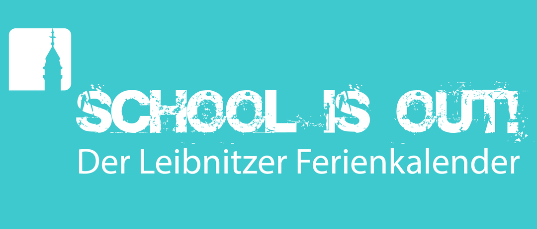 Ein blauer Hintergrund mit weißem Text. Die Worte 'SCHULE IST COOL' sind prominent in einer verwitterten Schrift angezeigt. Darunter ist der Text 'Leibniz Ferienkurse' zu sehen.