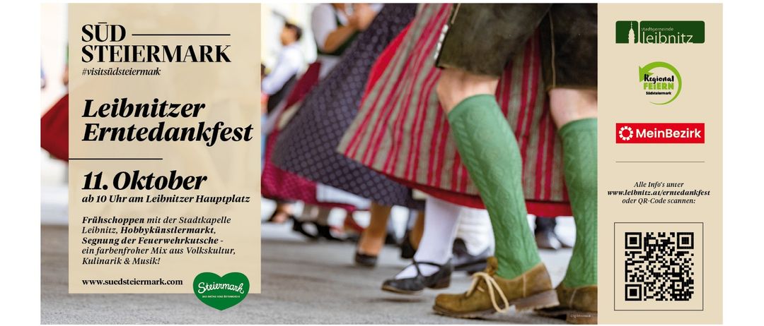 Plakat für das Leibnitzer Dankesfest im Oktober. Zeigt tanzende Personen in traditioneller Kleidung mit QR-Code für weitere Informationen.