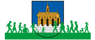 Eine Illustration zeigt Menschen, die auf eine Kirche mit einem Turm zulaufen. Sie ist in einer Schildform eingeschlossen.