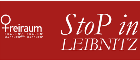 Ein roter Banner mit weißem Text lädt Besucher ein, 'in Leibnitz anzuhalten'. Das Logo von Frauen für Frauen ist auf der linken Seite prominent platziert.