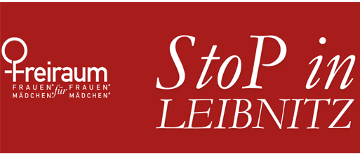 Ein roter Banner mit weißem Text lädt Besucher ein, 'in Leibnitz anzuhalten'. Das Logo von Frauen für Frauen ist auf der linken Seite prominent platziert.