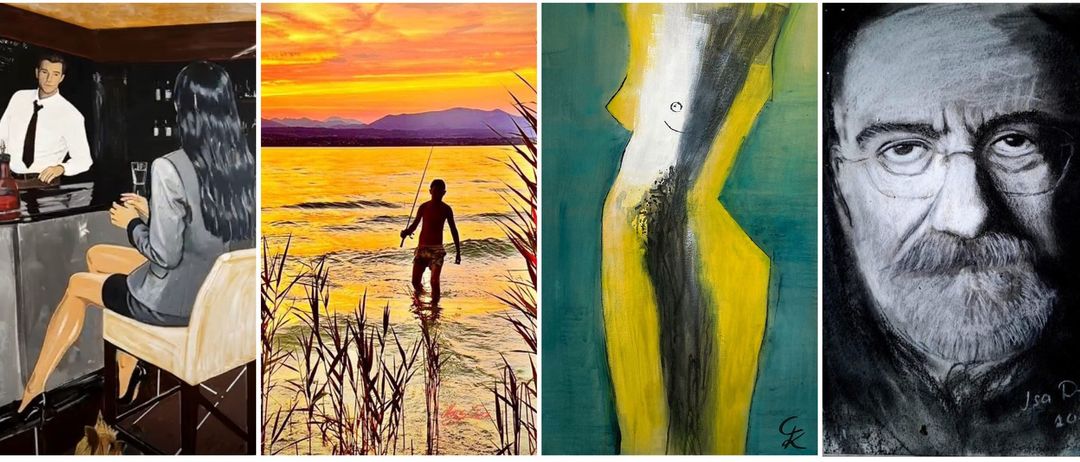 Ein Mann steht im Wasser und hält eine Angelrute in der Hand, blickt auf den Sonnenuntergang mit Bergen in der Ferne.