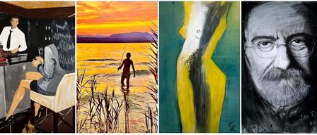 Ein Mann steht im Wasser und hält eine Angelrute in der Hand, blickt auf den Sonnenuntergang mit Bergen in der Ferne.