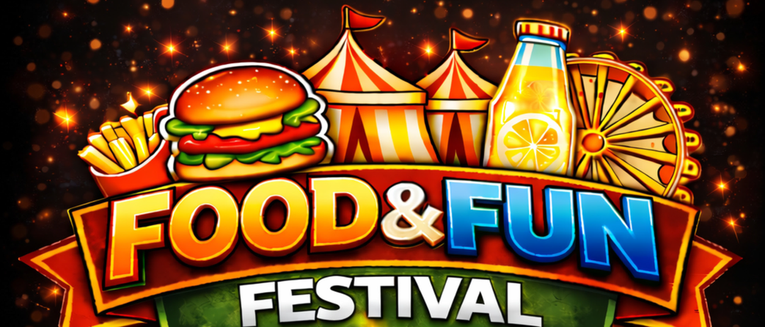 Plakat für das Food & Fun Festival mit Burger, Pommes, einer Flasche, einem Zelt und einem Riesenrad. Die Termine sind vom 20.3. bis 22.3.26. Öffnungszeiten sind für Freitag, Samstag und Sonntag angegeben.