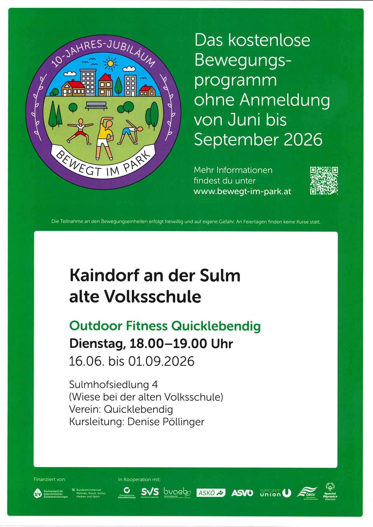 Plakat für ein kostenloses Outdoor-Fitness-Programm 'Bewegt im Park' in Kainsdorf, das von Juni bis September 2026 läuft. Es befindet sich an der alten Schule, keine Anmeldung erforderlich. Für weitere Informationen besuchen Sie www.bewegt-im-park.at.