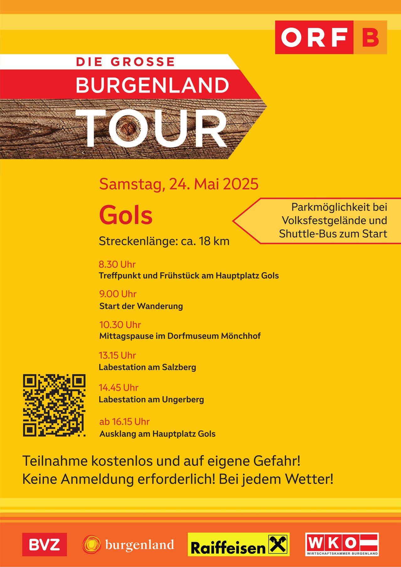 Ein Plakat für die Burgenland-Tour am 24. Mai 2025, Beginn um 8:30 Uhr. Die Tour beinhaltet eine Mittagspause, einen Besuch des Dorfmuseums Monchhof und endet um 16:15 Uhr in Gols. Parkplätze vorhanden. QR-Code für weitere Informationen.