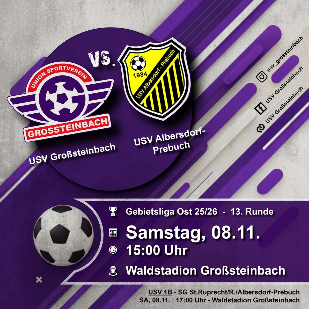 Plakat für das Fußballspiel zwischen USV Grossenstein und USV Albersdorf-Prebuch. Datum: Samstag, 8. November. Zeit: 15:00 Uhr. Ort: Waldstadion Grossenstein.