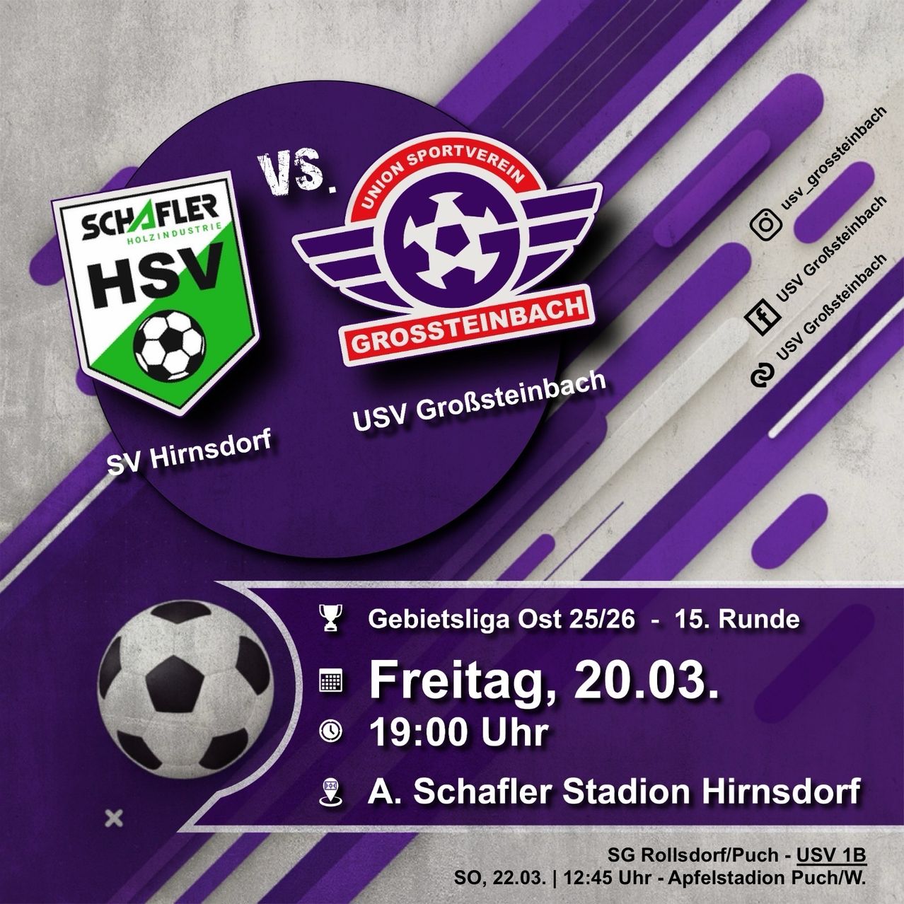Plakat für ein Fußballspiel zwischen Schafler Holzindustrie Hsv und Union Sportverein Grossteinbach. Datum ist Freitag, 20. März, Zeit ist 19:00. Ort ist A. Schafer Stadion, Hirnsdorf.