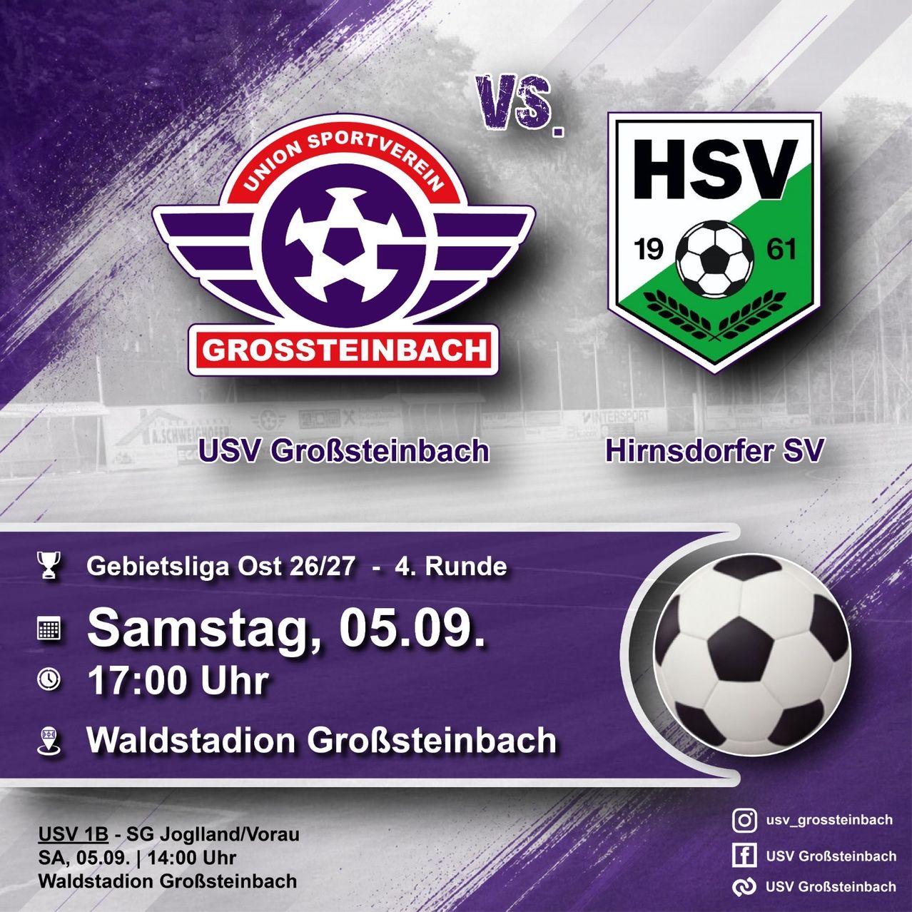 Poster for a soccer match between USV Grossteinbach and HSV. The match is scheduled for Saturday, September 5th, at 5 PM at Waldstadion Grossteinbach. The teams' logos and scores are displayed.