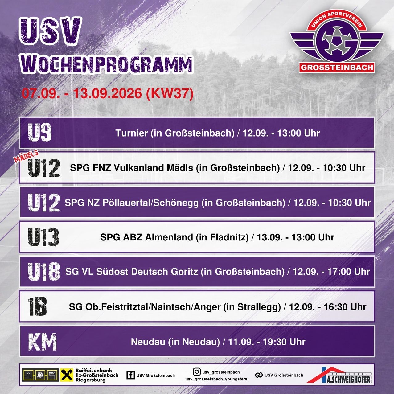 Weekly sports schedule poster for USV Grosssteinbach from September 7th to September 13th, 2026. It lists various soccer matches for different age groups, including U9, U12, U13, U18, 1B, and KM, with locations and times. The poster has a purple and white color scheme.