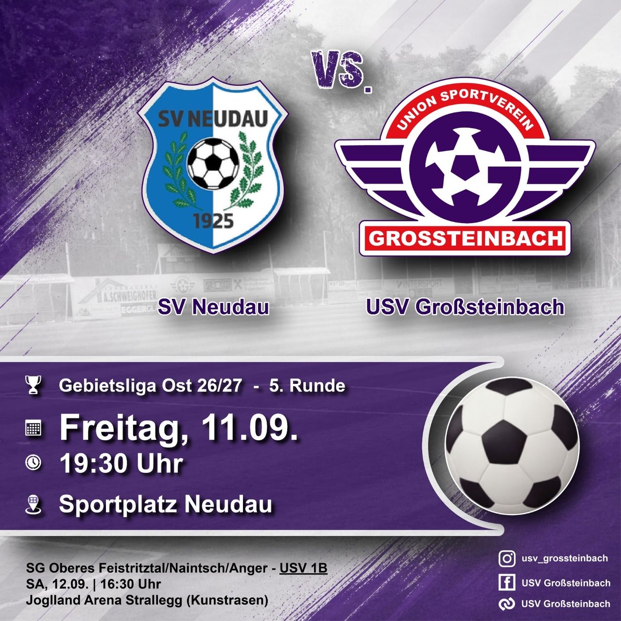 Poster for a soccer match between SV Neudau and USV Grossteinbach. The match is on Friday, September 11th, at 7:30 PM. The location is Sportplatz Neudau.