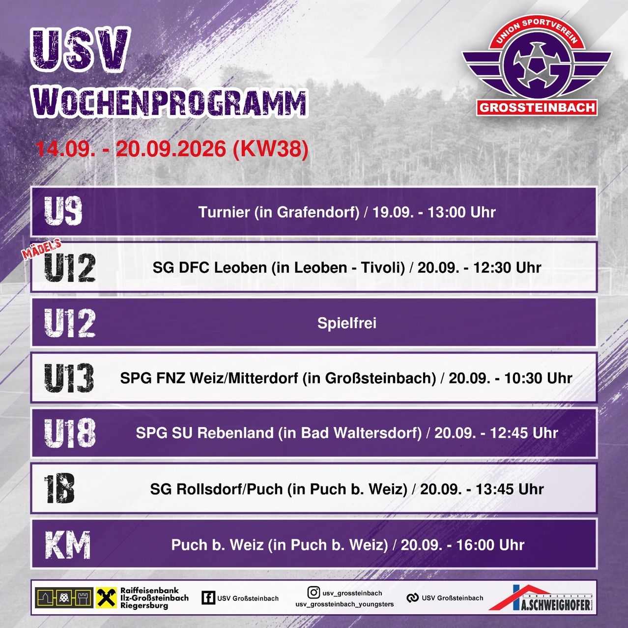 Weekly sports schedule for USV Grosssteinbach from September 14 to 20, 2026. Includes matches for U9, U12, U13, U18, and KM teams. Each match has a specific location and time.