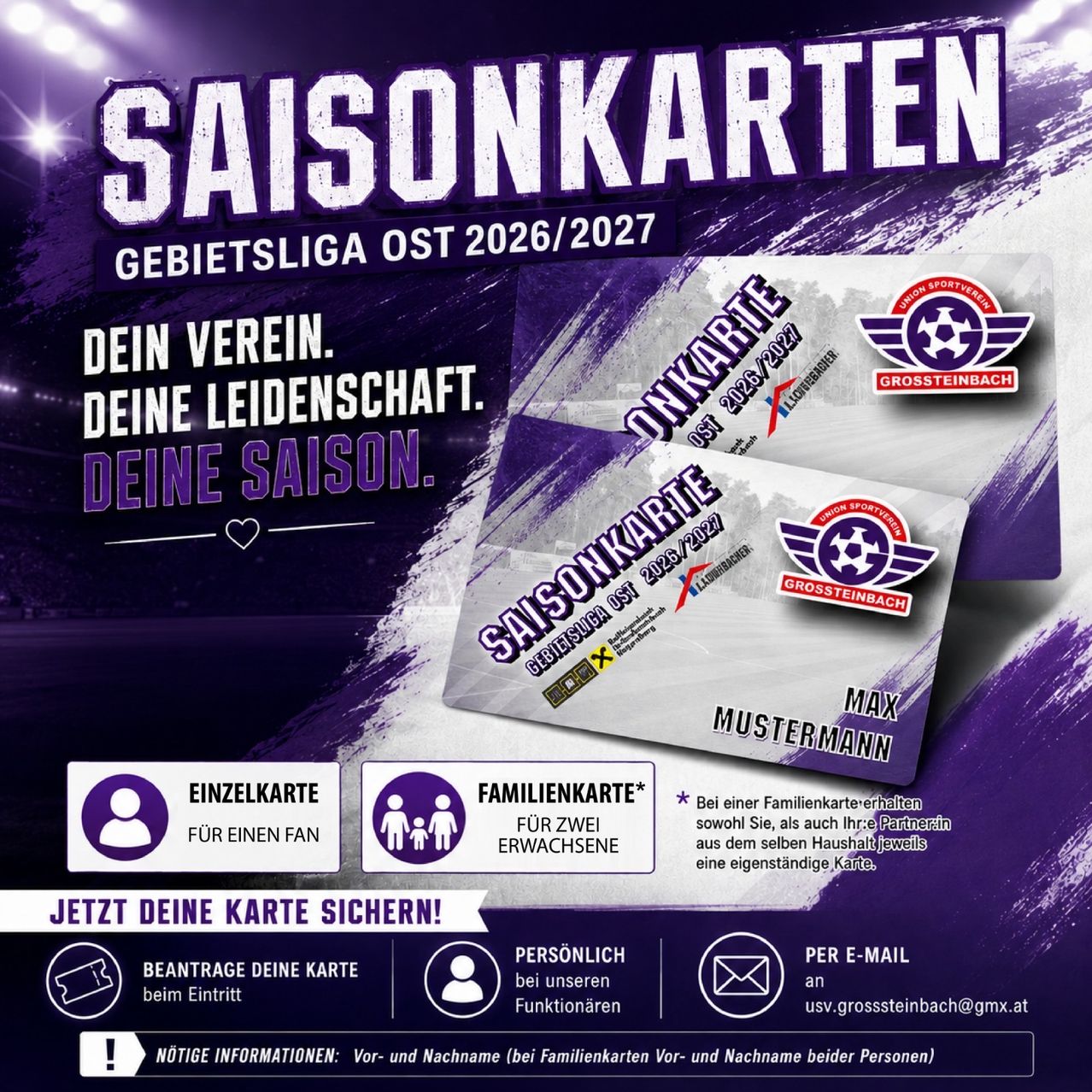 Werbeplakat für Saisonkarten für die Saison 2026/2027. Es zeigt zwei Karten und Symbole für Einzel- und Familientickets. Der Text ist in Deutsch und beinhaltet einen Aufruf, Tickets jetzt zu sichern.