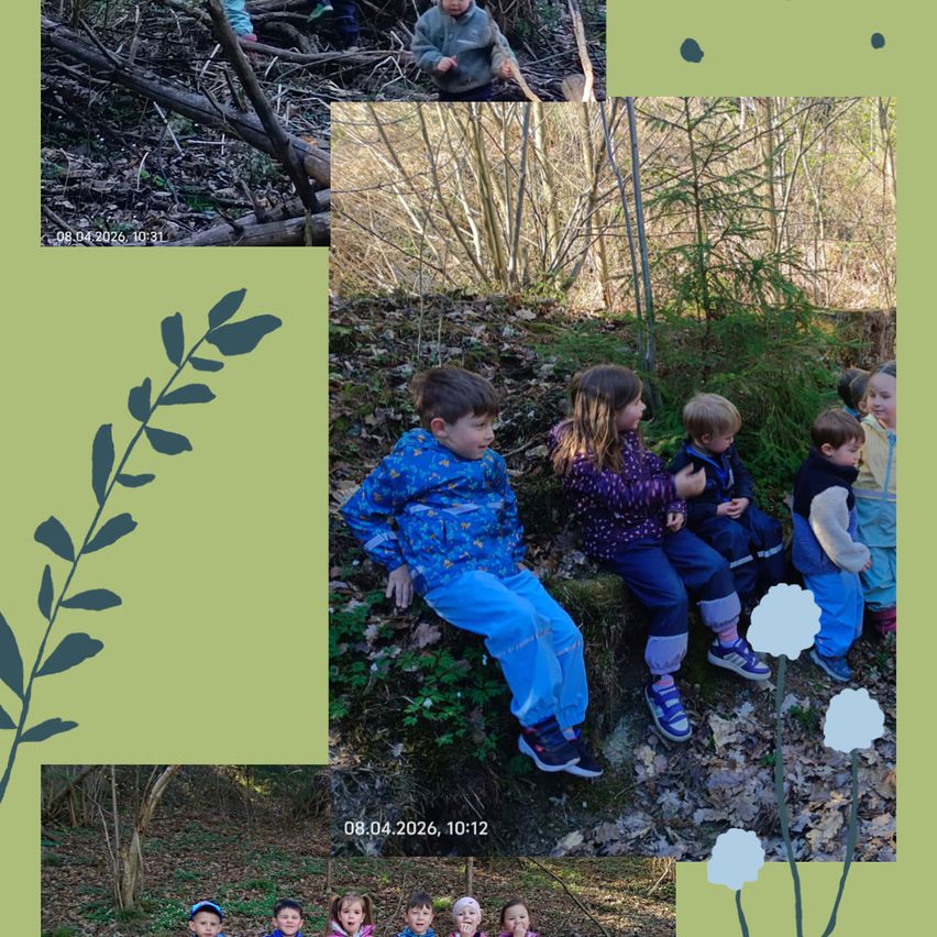 Several children are exploring a forest. Some sit on a log, while others play in the background. The image captures a moment of discovery and play.