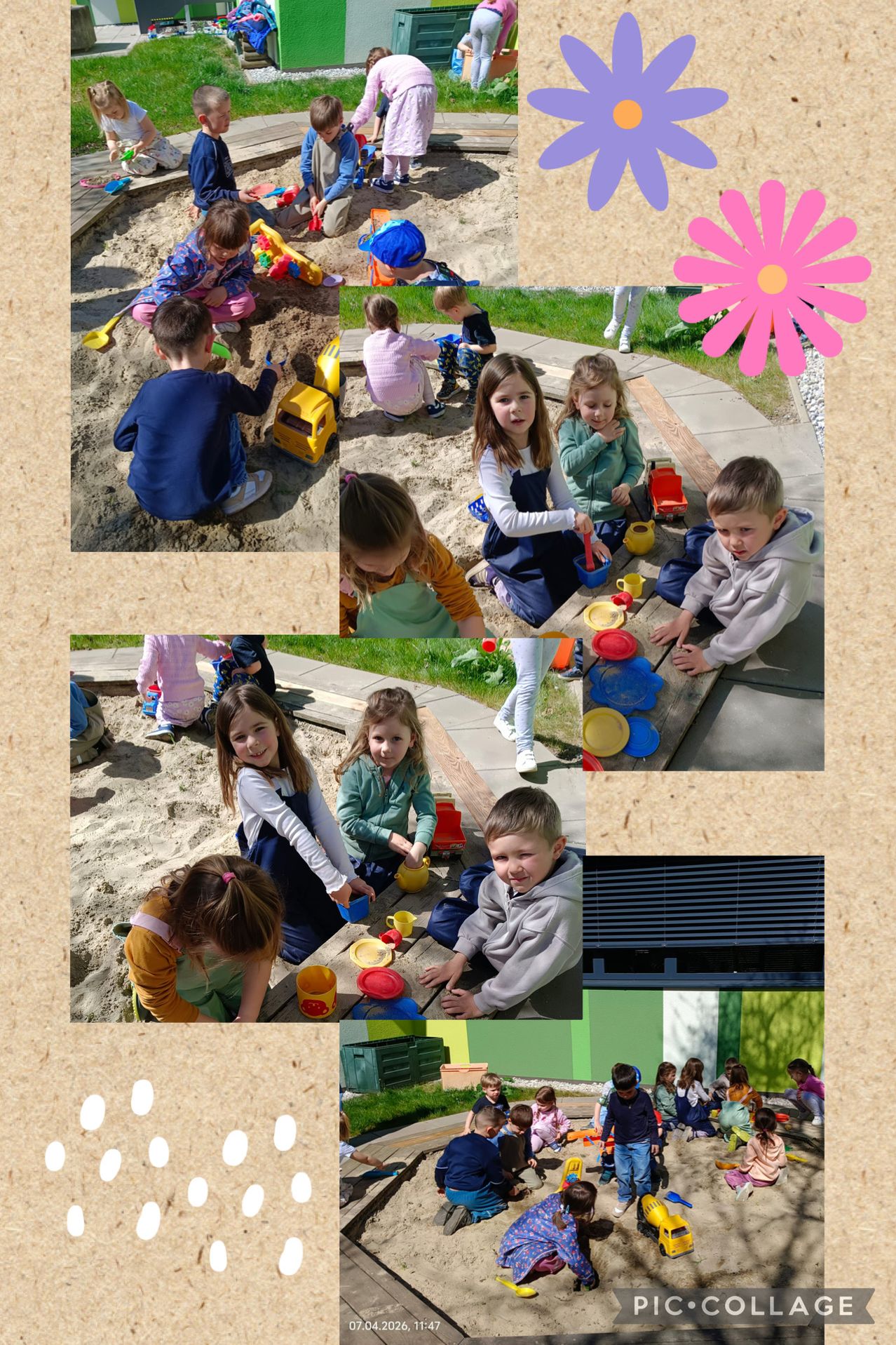 Eine Collage von Kindern, die im Sand mit Spielzeug spielen. Ein Kind sitzt auf einer Bank. Ein anderes Kind sitzt auf dem Boden.